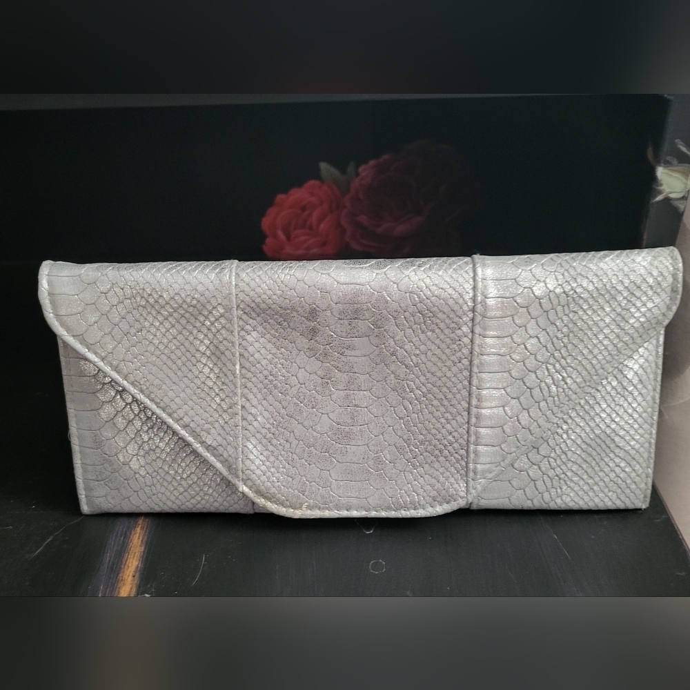 Faux silver snake skin clutch